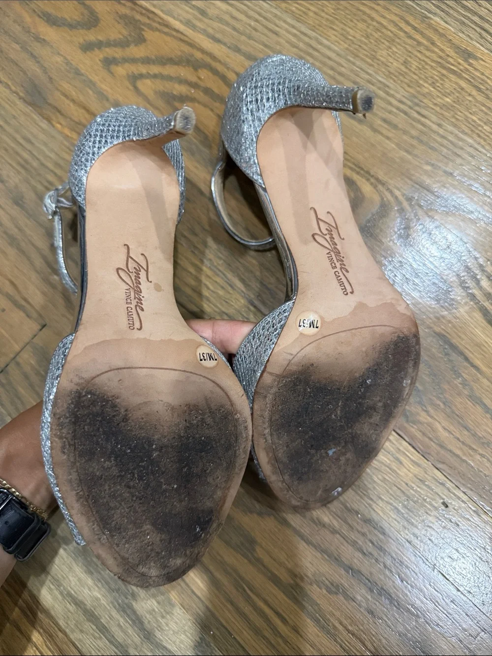 Imagine Vince Camuto Silver Embellished Ankle-Strap Heels with Crystal Detail